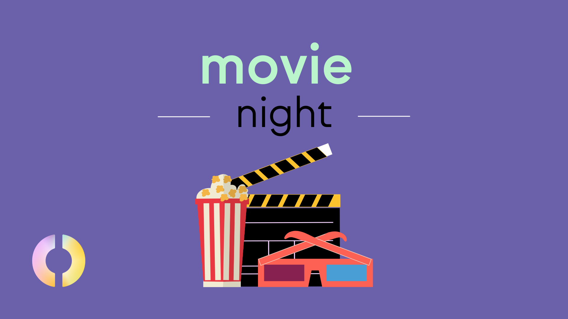 Animated graphics of popcorn, 3D glasses, and a film clapper board on a purple back ground, with text above that reads "movie night."