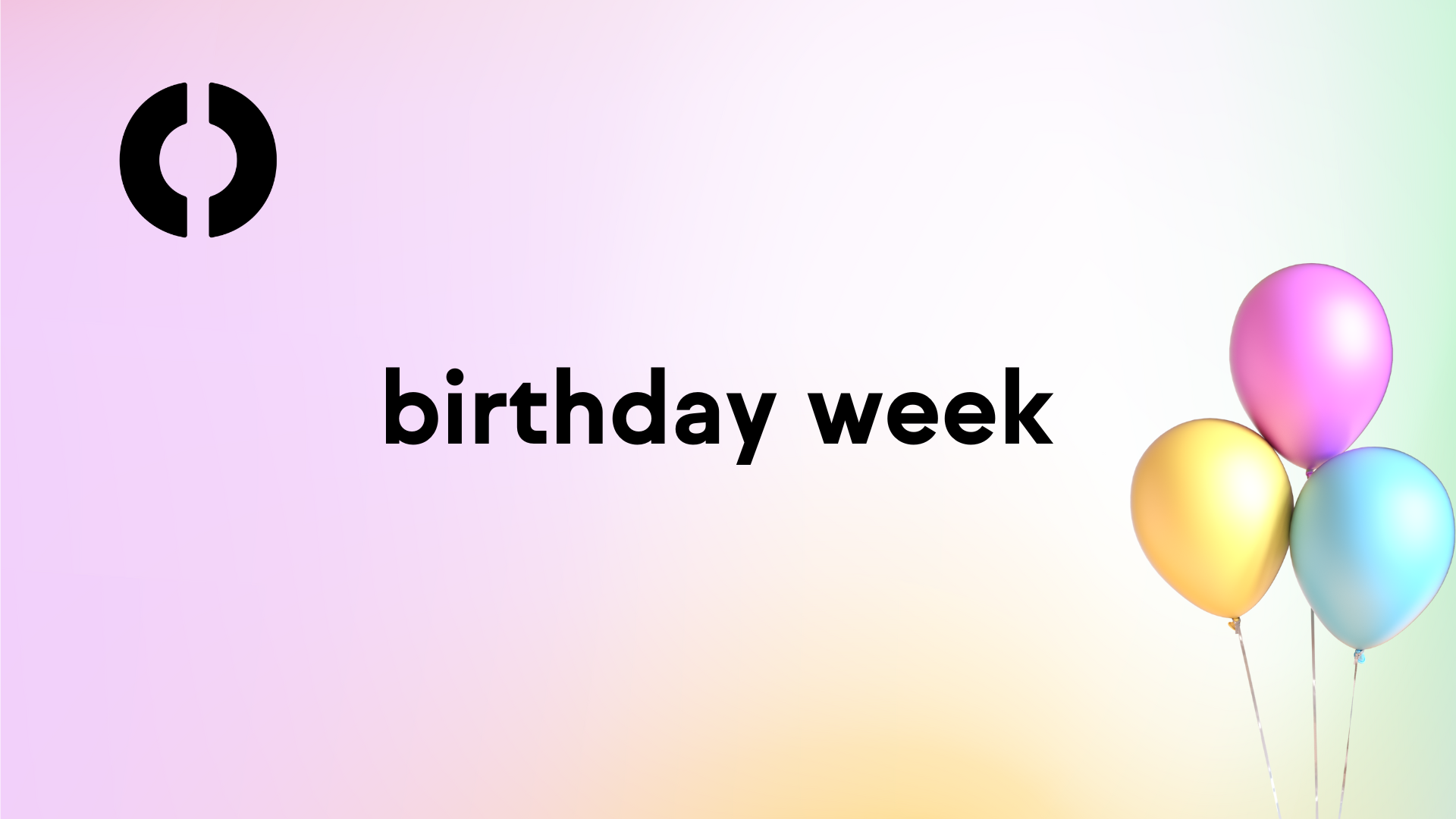 colorful gradient with pastel colors, the allcove logo on the top left corner, and three balloons colored pink, yellow, and turquoise to the right. Text that reads "birthday week" centered on the image.