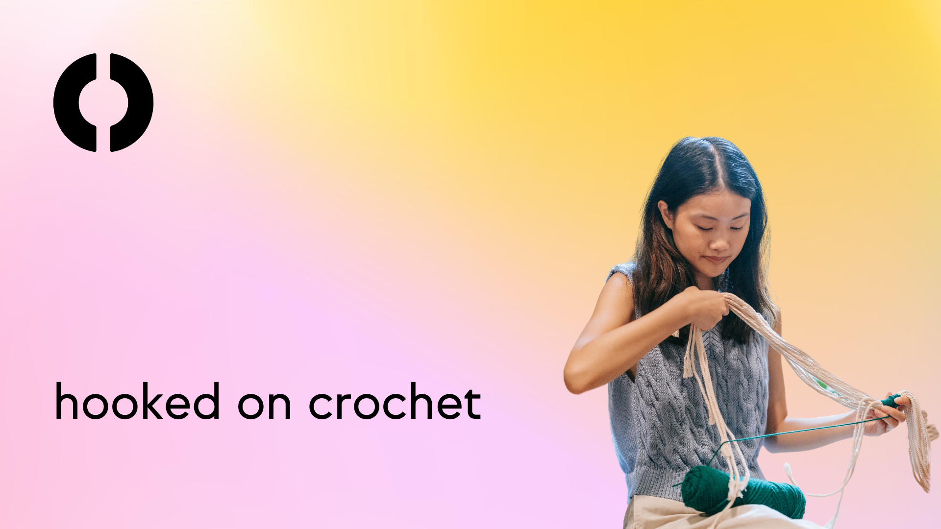 Lavender and yellow gradient image background, with an image of a young woman knitting crochet pieces. An allcove logo mark in on the top left corner, with text in the bottom left corner which reads "hooked on crochet."