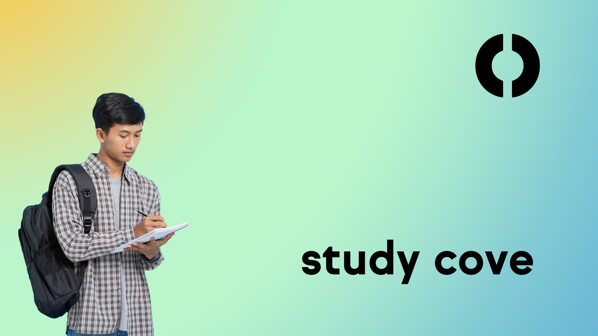 A young person with a flannel, backpack, and notebook taking careful notes standing up. The background image has a seafoam, blue, and orange gradient, with an allcove logo mark located on the top right corner, and text on the bottom right corner which reads "study cove."
