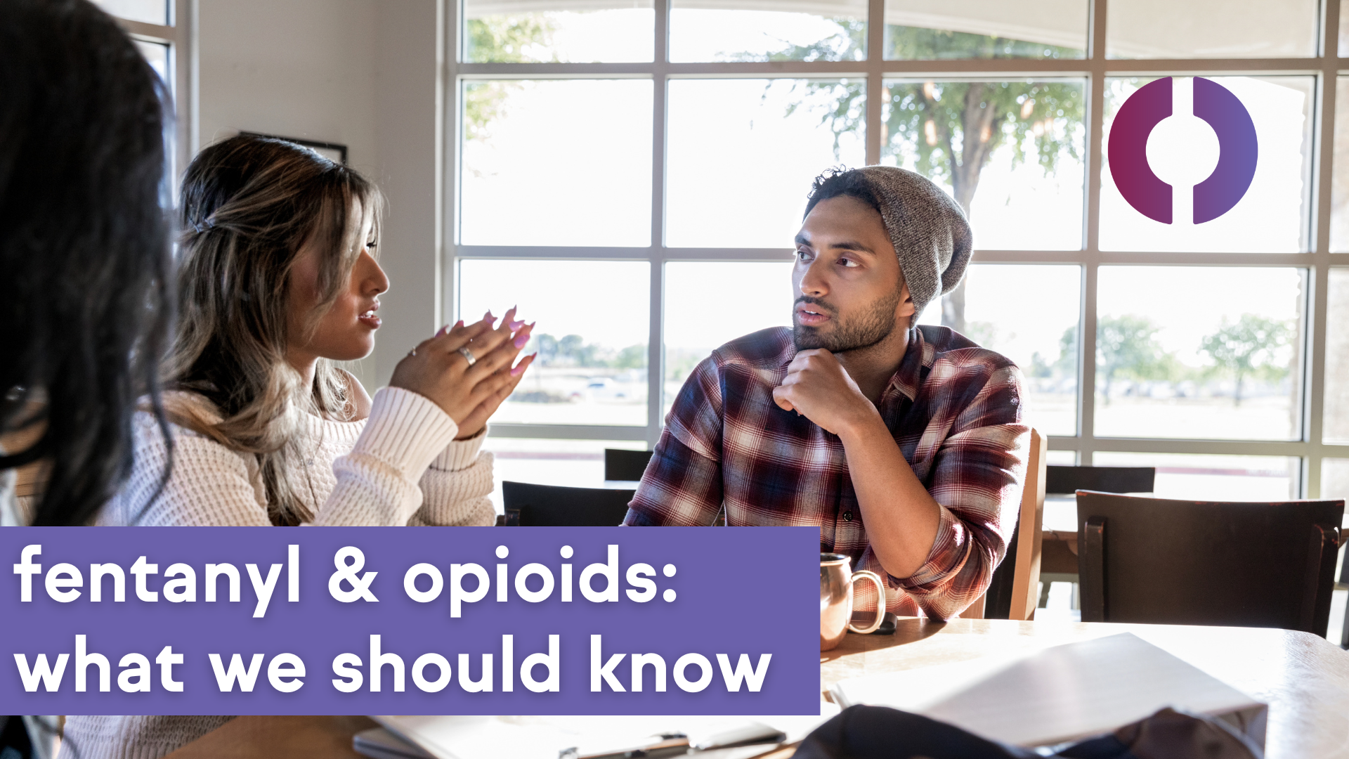 Three people, one man and two women, are sitting inside a home having a serious conversation. There is an allcove logo mark on the top right corner, and text on the bottom left corner which reads "fentanyl & opioids: what we should know."