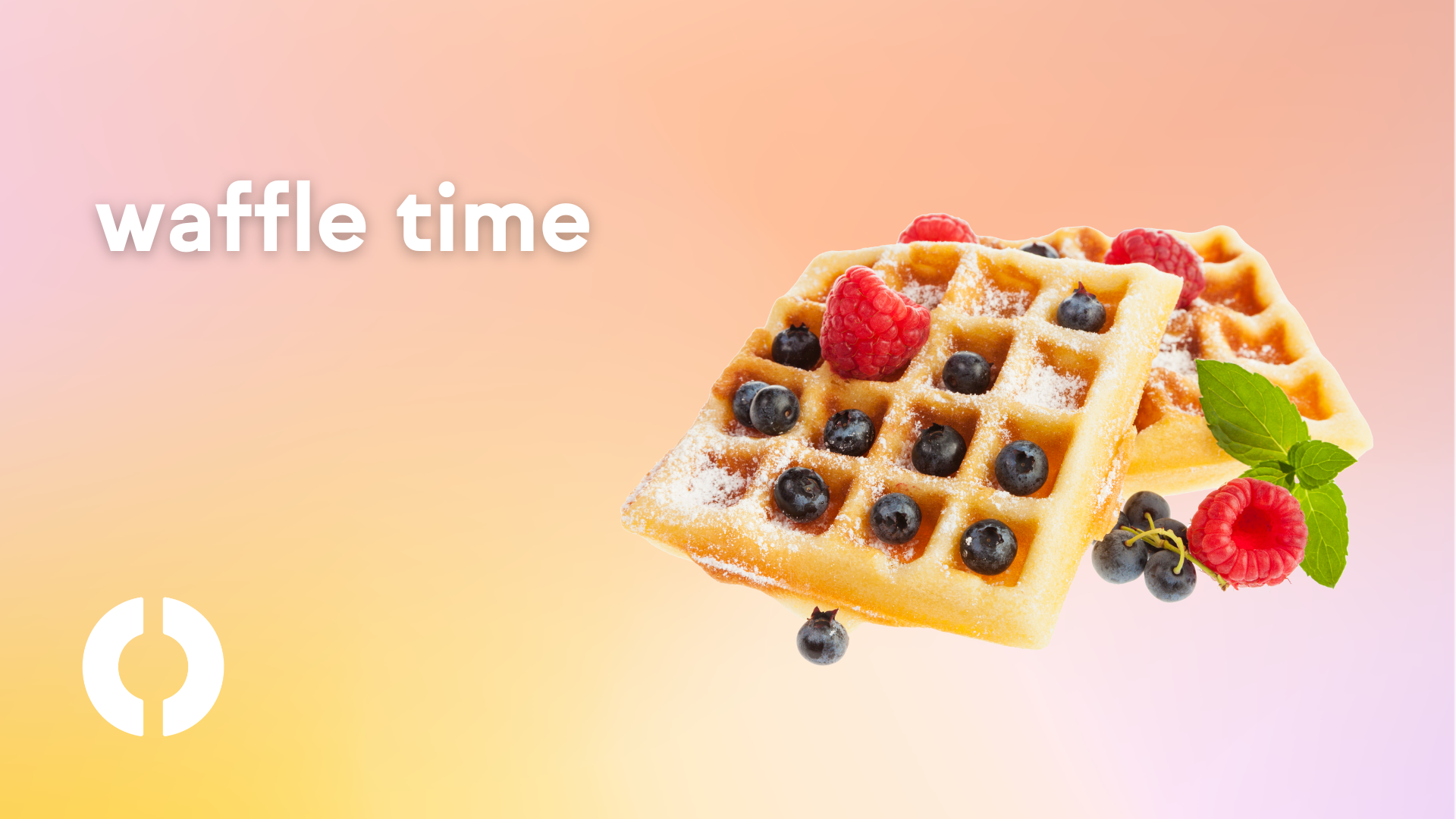 A photo of two fresh waffles with blueberries and raspberries in the waffles slots, as well as sprinkles of powdered sugar. The graphic has a yellow and pink gradient, with text that reads "waffle time" on the top left corner, and an allcove logo mark on the bottom left corner.